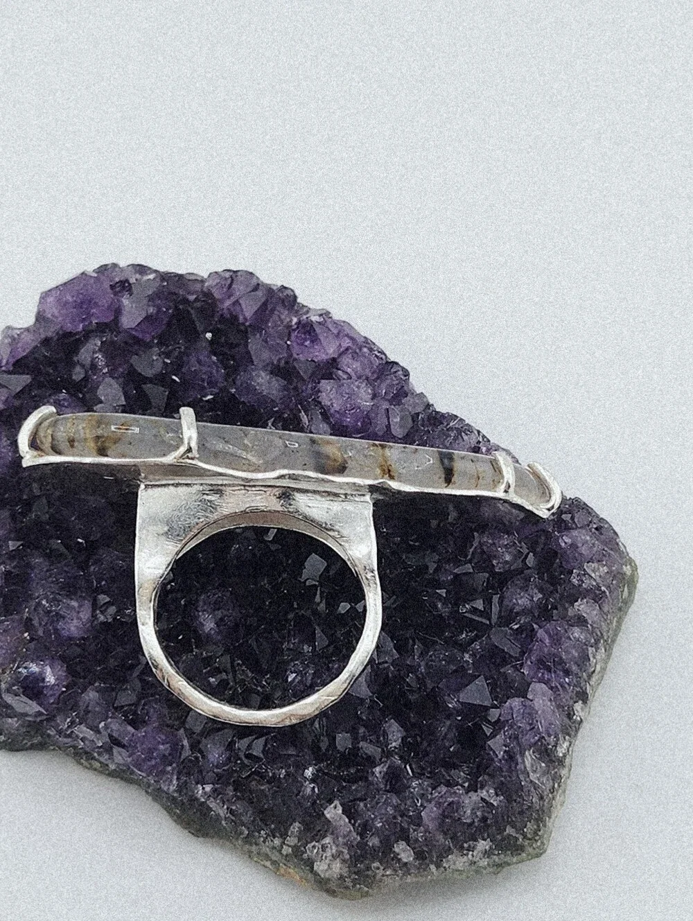 DENDRITIC GEMSTONE RING STATEMENT DESIGN HANDMADE RECYCLED STERLING SILVER 7.5